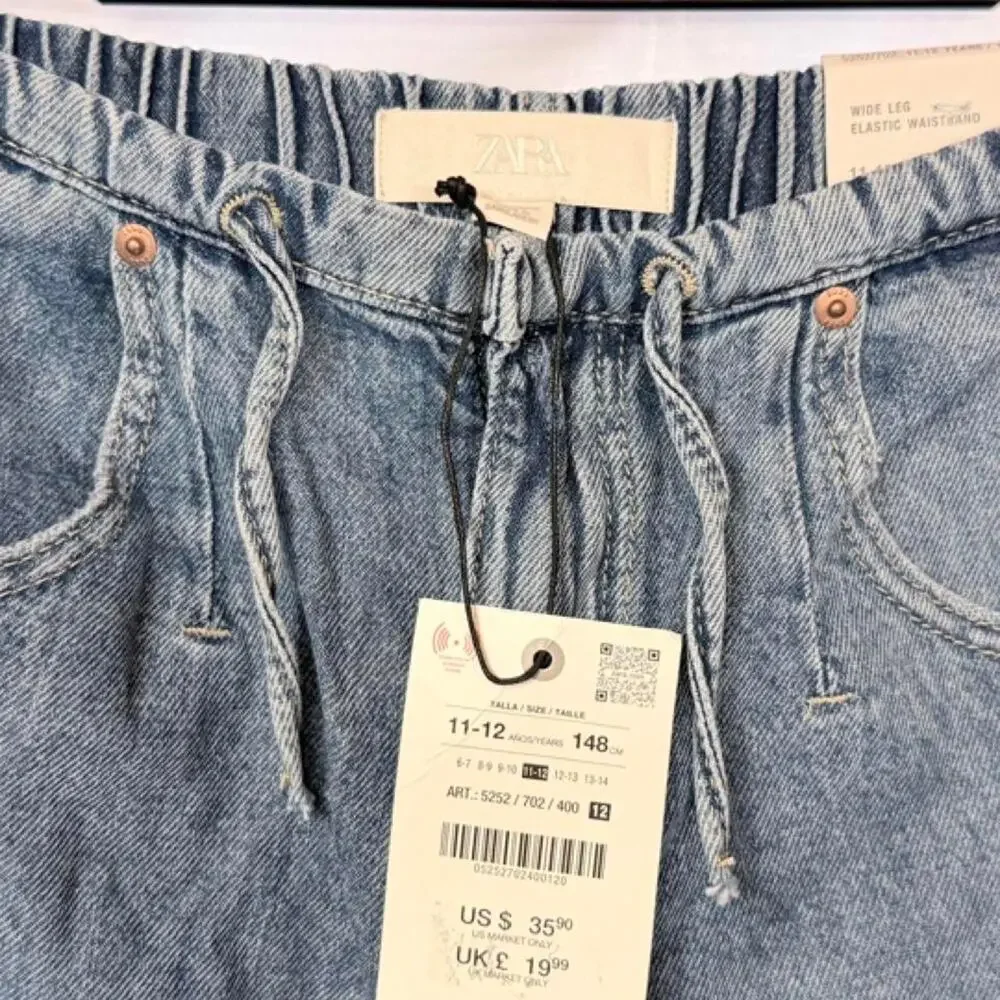 Zara Kids Fluid Jogger Wide Leg Jeans Girls 11-12 Elastic Waist Blue Wash NWT